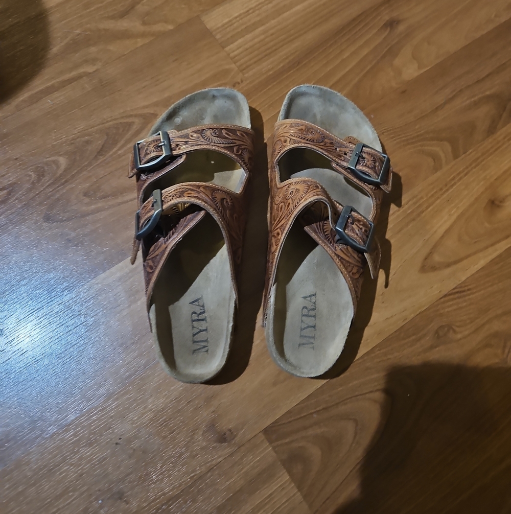 Myra Bag Kids Tan Embossed Double-Buckle Sandals